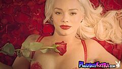 Petite blonde teen 18+ muse Elsa Jean strips lingerie and poses naked with her skinny body among red petals