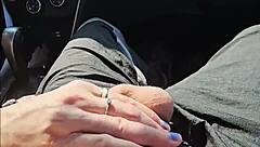 kontessa goes barefoot on the beach with driftwood, giving a handjob to that big canadian cock until cumshot