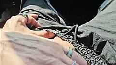 kontessa goes barefoot on the beach with driftwood, giving a handjob to that big canadian cock until cumshot