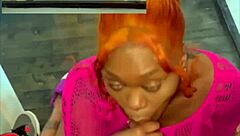 Ebony curvy girl licks balls and rides big black cock to creampie on stairs