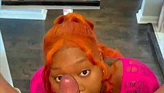 Ebony curvy girl licks balls and rides big black cock to creampie on stairs