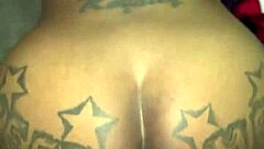 Ebony curvy girl licks balls and rides big black cock to creampie on stairs