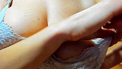 hot brunette in bra plays big natural tits masturbates shaved pussy walks naked