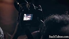 Black model licks ebony pussy in interracial tribbing then rides big tits in humiliating girl on girl session