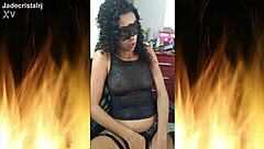 Jade, the spectacular brunette, teases in fishnets and lingerie while flashing her shaved pussy. She gets wet and wild for the camera.