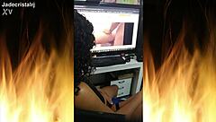 Jade, the spectacular brunette, teases in fishnets and lingerie while flashing her shaved pussy. She gets wet and wild for the camera.