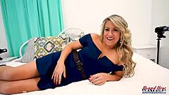 Curvy blonde Anya delivers an epic footjob before getting her shaved pussy fucked deep in doggystyle and swallowing the cum