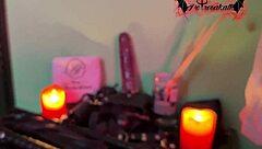 Wax play domination with obedient submissive Colombian redhead slut bent over for bisexual Latina milf pussy licking and scissoring.