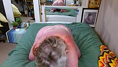 Curvy fat pawg Dawnskye1962 slips into orange thong panties for a retro blue films vibe with natural tits.