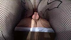 My girlfriend moans loudly riding my cock in reverse cowgirl with fishnets on in our bedroom. She feels so submissive and wet.