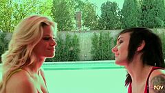 small titties and wet shaved pussy on this perfect blonde get licked and fingered by her emo girlfriend