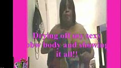 drying off my sexy bbw body and showing it all pre with big saggy tits and fat ebony curves.