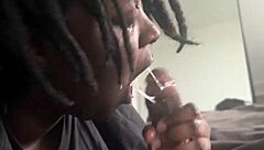 Seeing double deepthroat with big black cock action and messy sucking