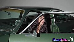 Skinny tall milf scarlett kapella starts stripping off clothes. She poses naked on the hood showing pussy and natural tits.