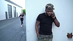 andi ray sneaks behind an alley dumpster to milk rome major's big black cock with blowjob skills