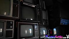 Petite newcomer Noel Leon strips lingerie to reveal fake big tits on camera