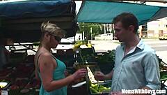 Blonde European mature suggests double fun with young cocks