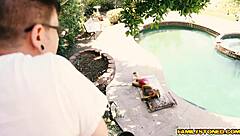 Blonde teen sucks massive cock before pounding her tight pussy raw! Don't tell mom about this wild blowjob session