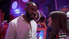 lets fuck this blonde teen with big black cock in interracial doggystyle right here in the arcade, monster intensity.