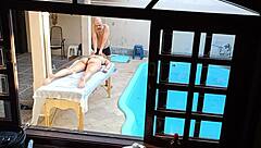 She Visited For Poolside Massage But Got Oiled Handjob And Blowjob With Fingering On Desk