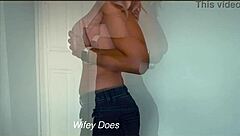 Wife rips off her tight denim shorts and teases with big tits.