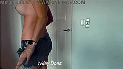 Wife rips off her tight denim shorts and teases with big tits.