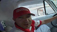 While flashing an upskirt view of her panties to the ice cream man in his truck.