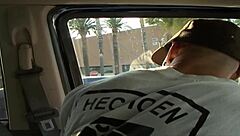 While flashing an upskirt view of her panties to the ice cream man in his truck.