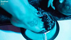 the dominant latina places her feet on his meat for toe sucking and licking while using a vibrator on wet pussy in bdsm play