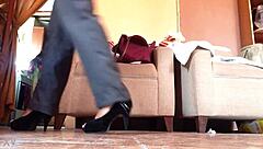 I love strutting in my black high heels as a shemale...