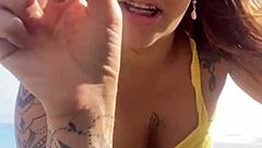 Bikini Fiercely Splits Swollen Pussy Lips in Bold Beach Flash!