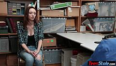 This redhead teen thief with big natural tits gets caught and punish fucked by the guard.