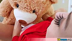 Think this cute blonde petite girlfriend needs my cock instead of that teddy bear?