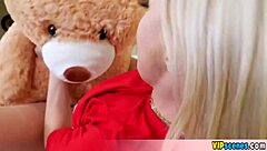 Think this cute blonde petite girlfriend needs my cock instead of that teddy bear?