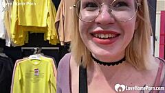 Oh man, my blonde gf with glasses and lipstick gets on her knees for a homemade blowjob in the shop changing booth, sucking my tattooed cock until cumshot! 😏🍆💦