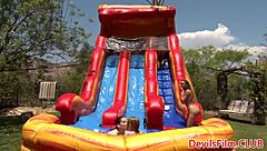 Lesbian Beauties Toying Each Other Pussies with Strapon and Dildo in Outdoor Anal Group Kissing