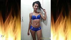 Beautiful brunette poses in blue lingerie for trailer 01