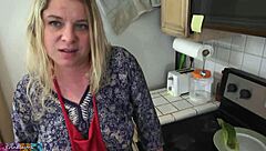 Hey stepson, want me to milk your big cock in the kitchen before your date swallows cum?