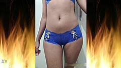 Beautiful brunette poses in blue lingerie for trailer 01