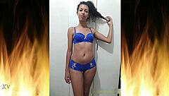 Beautiful brunette poses in blue lingerie for trailer 01