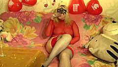 That hot blonde looks amazing in her red lingerie