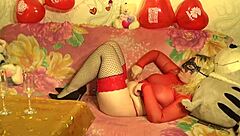 That hot blonde looks amazing in her red lingerie