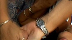 These slutty brunettes got into a wild orgy with some lucky guy, blowing and riding him hard