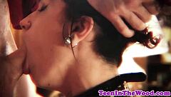 In a rough bondage scene, the restrained teen 18+ gives a blowjob before getting banged hard by the group