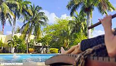 Petite Latina Violeta Grey starts sucking then rides for oily footjob cum on feet