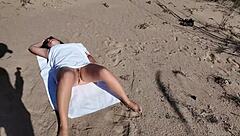 stranger flashes big ass milf with hairy pussy on nudist beach during amateur public voyeur session 😎
