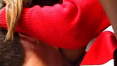 Ebony cheerleader bends over for hardcore interracial blowjob and doggystyle fuck.