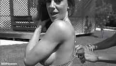 shannon and shi ended up with cum covering their big tits after the intense session on the bed in lingerie and fishnets.