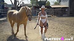 This big tits Latina babe starts stripping off her clothes, exposing that hot ass and pussy before her intense riding lesson for Playboy.