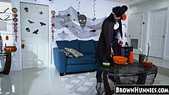 chocolate teen 18+ beauty gets her petite pussy in stockings and heels TREATED for halloween